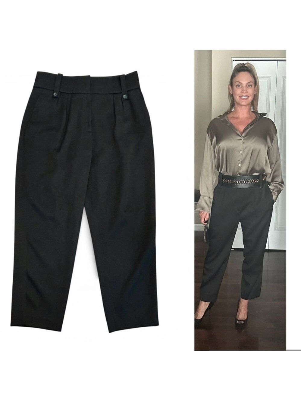 Reiss black satin high waisted slim fit tapered ankle length pants Sz 10 NWOT